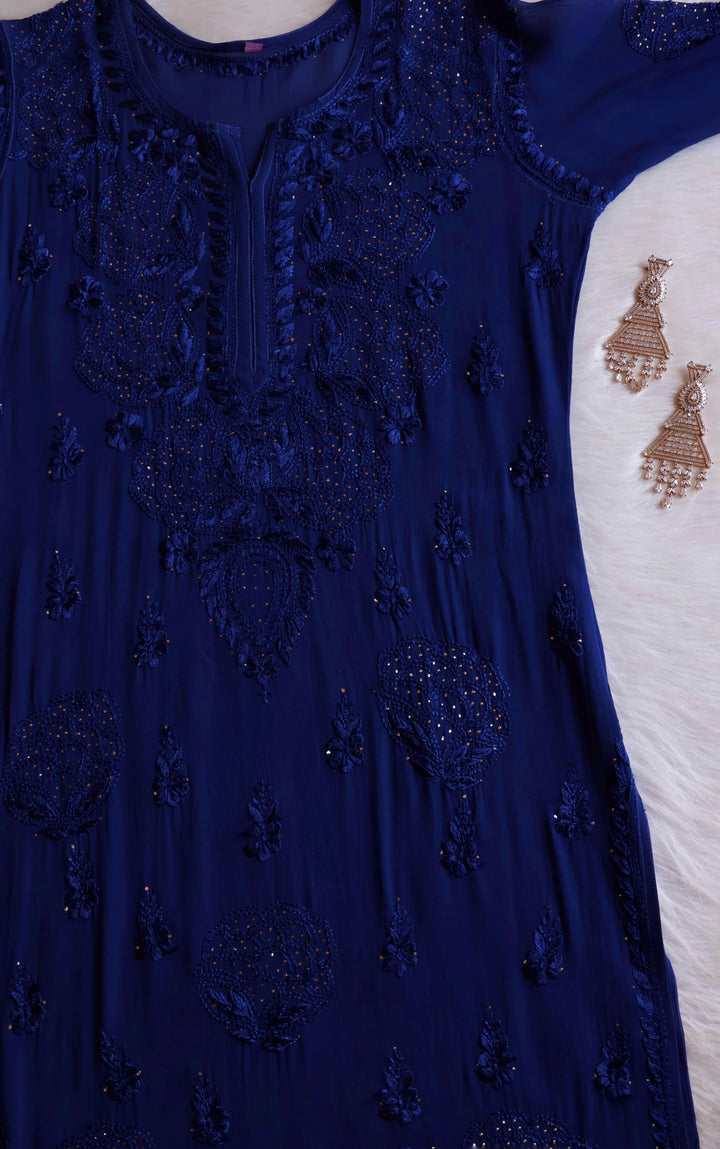 Hanaa Royal Blue Viscose Georgette Kurta - Noor Chikankari