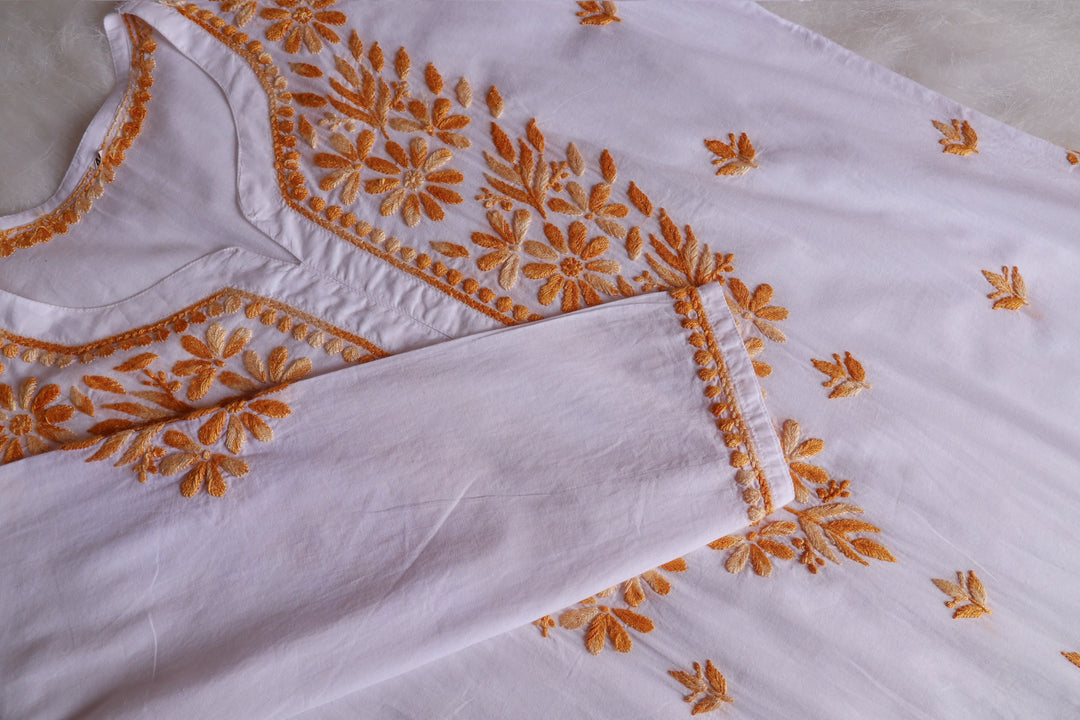 Gul Kashmiri White & Yellow Pure Cotton Kurta