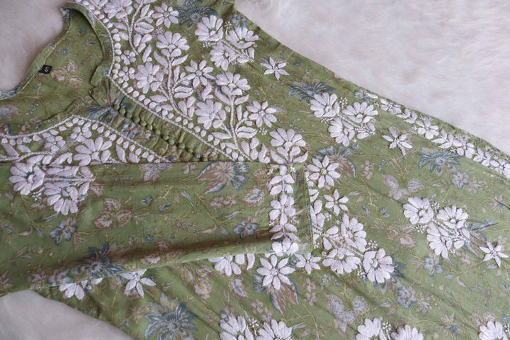 Abiha Pastel Green Floral Luxe MulMul kurta