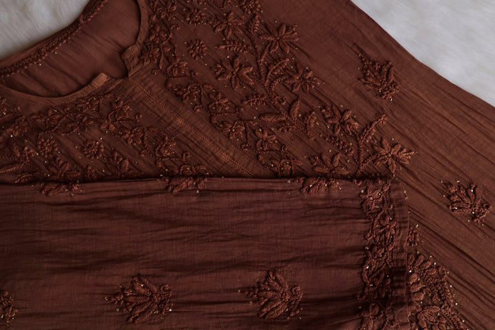 Naqsh Chocolate Brown Pure Chanderi Mulmul Set