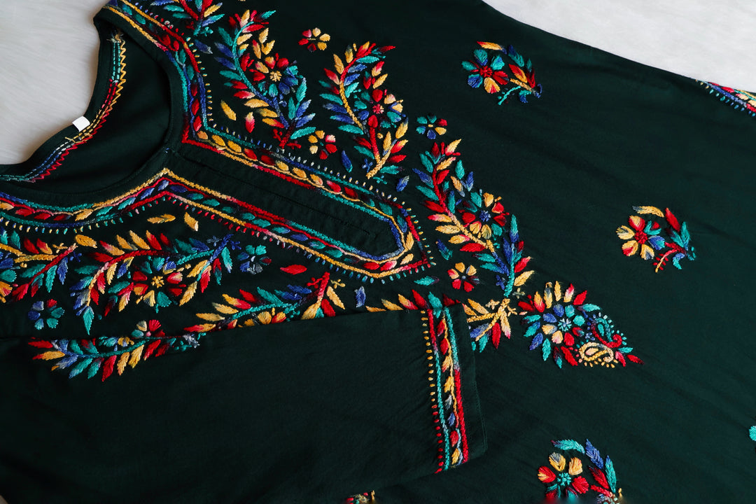 Maaham Deep Green & Multicoloured Short Rayon Kurta