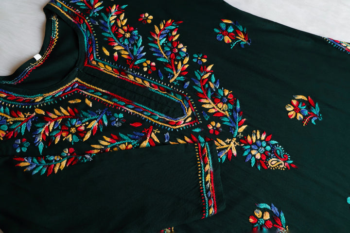 Maaham Deep Green & Multicoloured Short Rayon Kurta