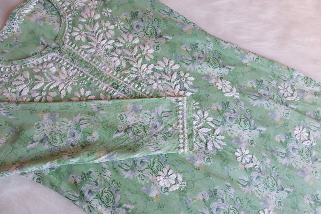 Zahra Pastel Green Floral Long MulMul kurta