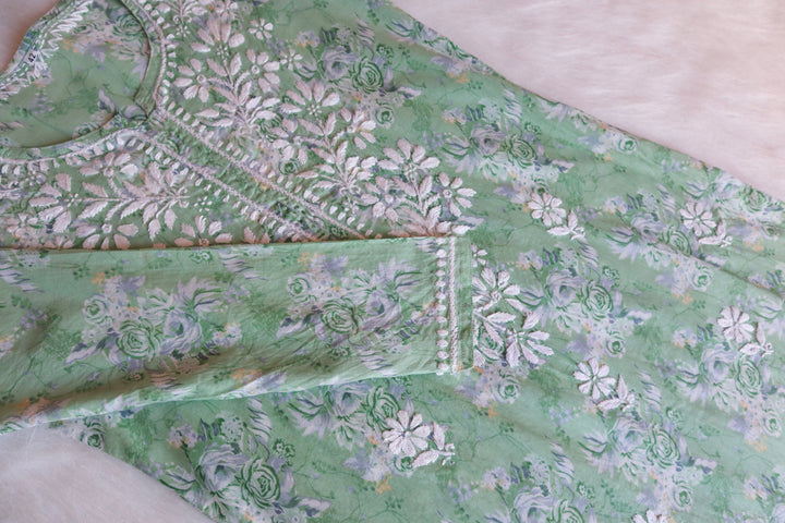 Zahra Pastel Green Floral Long MulMul kurta