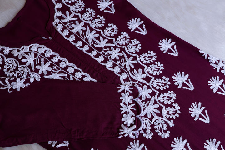 Mira Deep Purple Rayon Kurta Pant set - Noor Chikankari