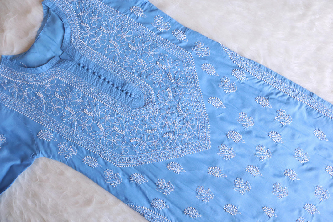 Zahrah Ice Blue Cotton Mulmul long kurta