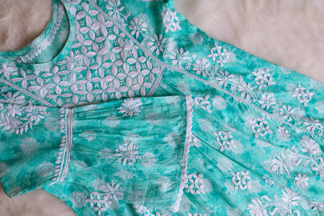 Meera Mint Green Floral Mulmul Lace Frock