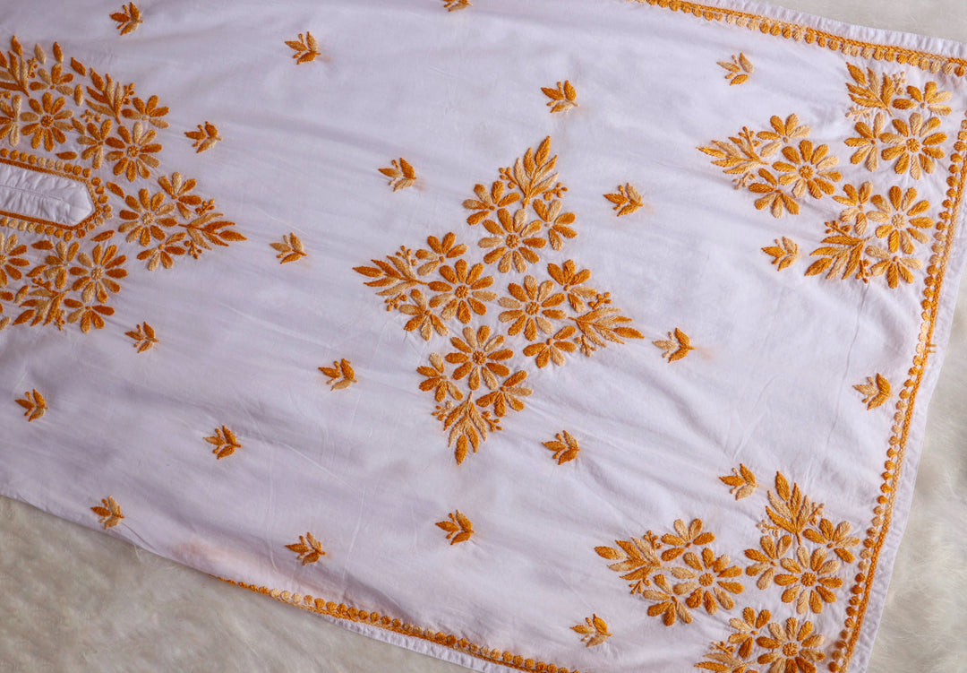 Gul Kashmiri White & Yellow Pure Cotton Kurta