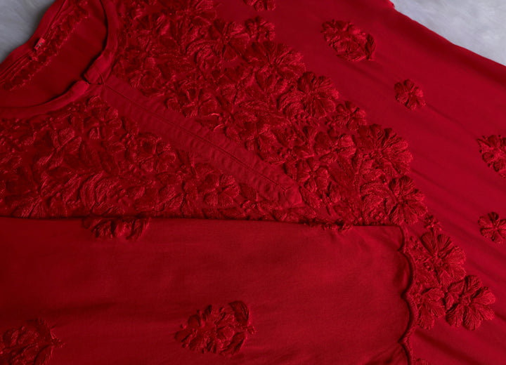 Gul Red Scalloped Long Rayon Kurta