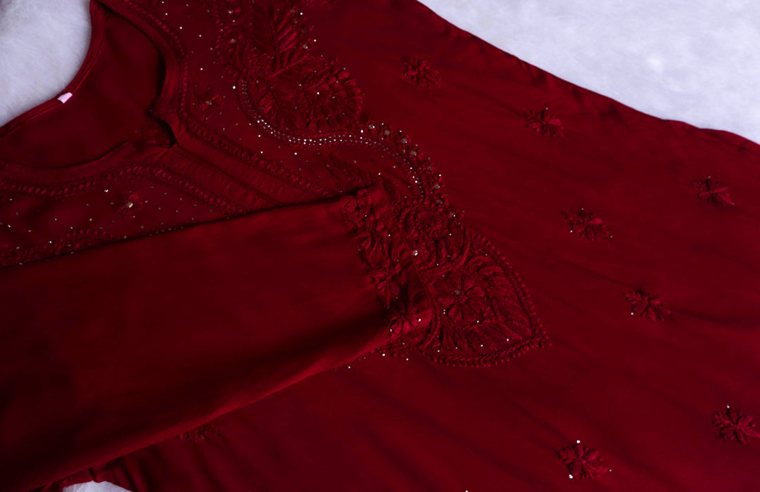 Naida Maroon 2 piece Rayon Mukaish set