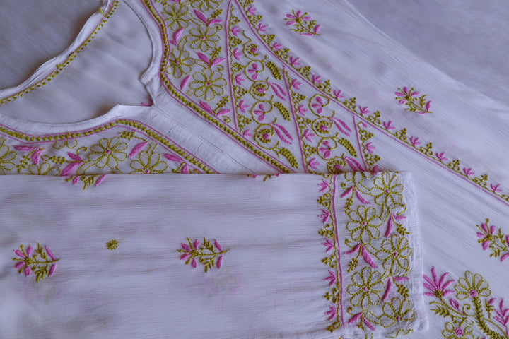Hoorain White, Lavender & Green Pure Chiffon Kurta