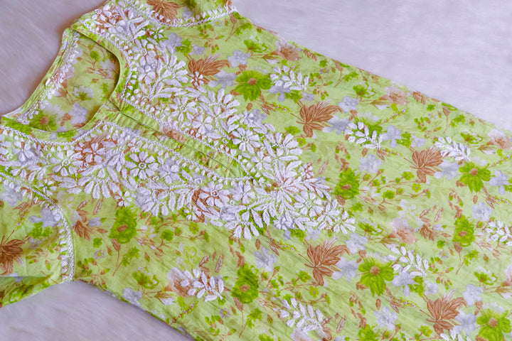 Hedaya Green Floral Long MulMul kurta