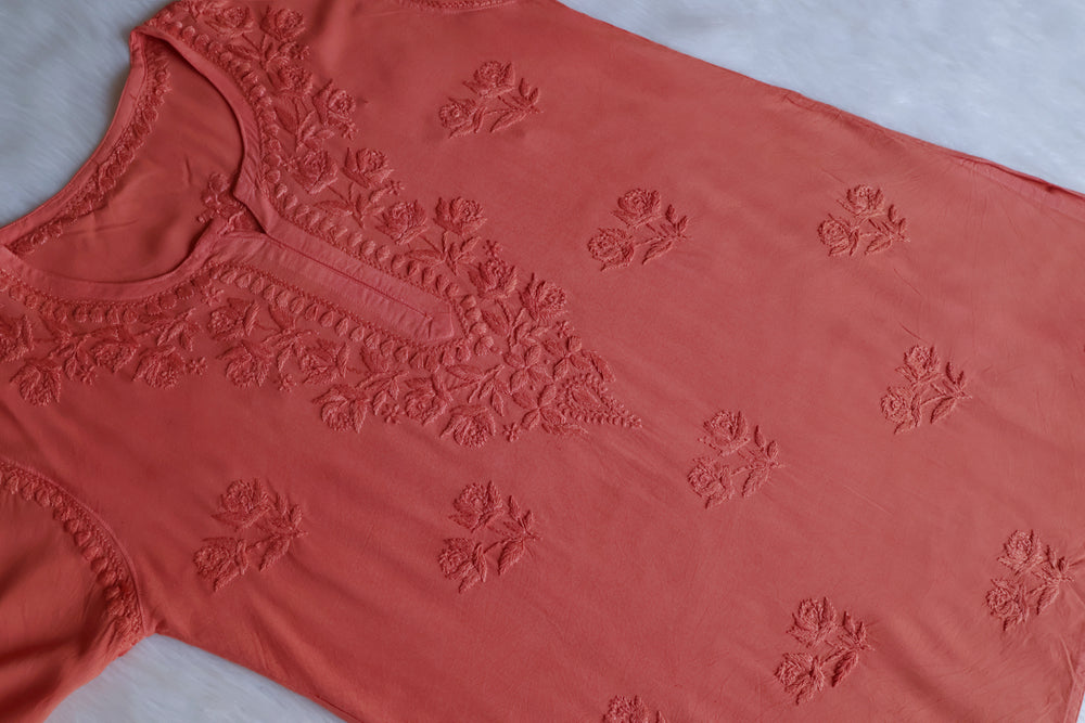 Gul Rose Brown Short Rayon Kurta - Noor Chikankari