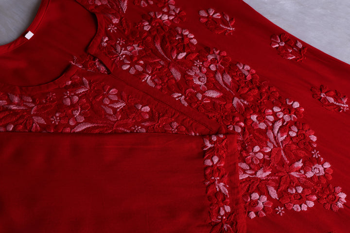 Nuresa Red Ombre Thread Long Rayon Kurta