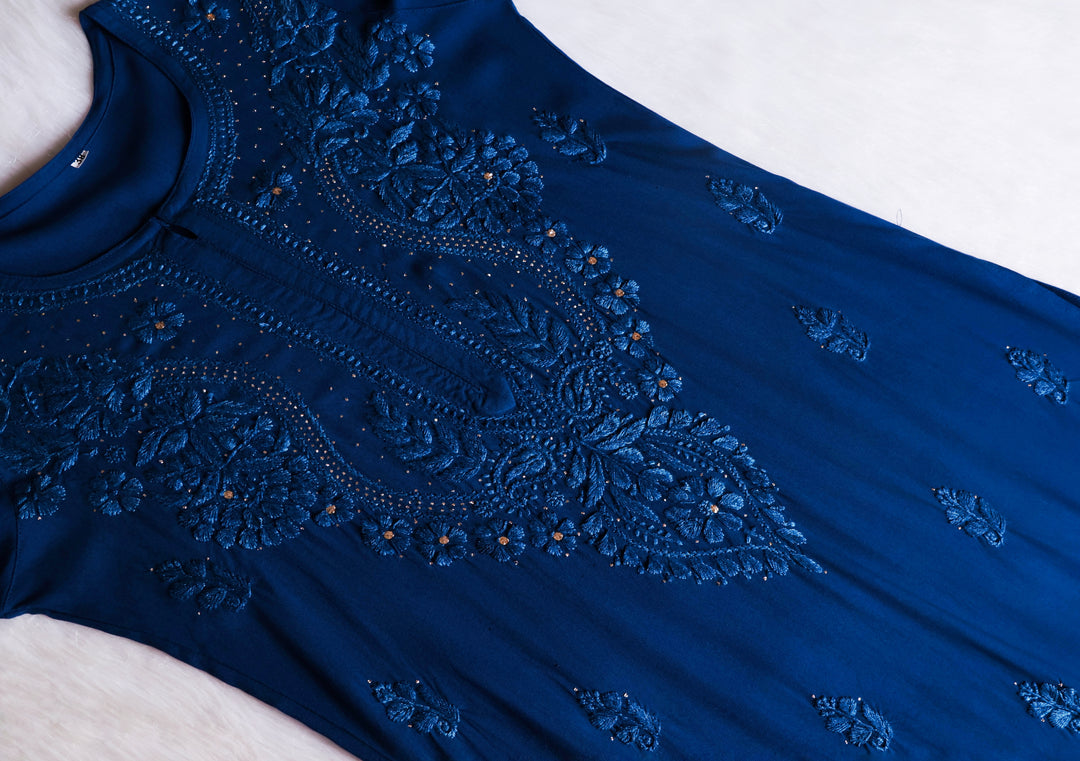 Naida Peacock Blue Rayon mukaish Long Kurta