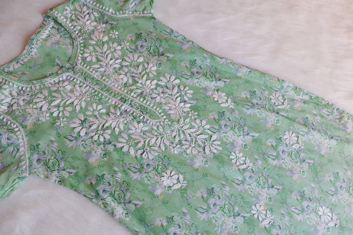 Zahra Pastel Green Floral Long MulMul kurta