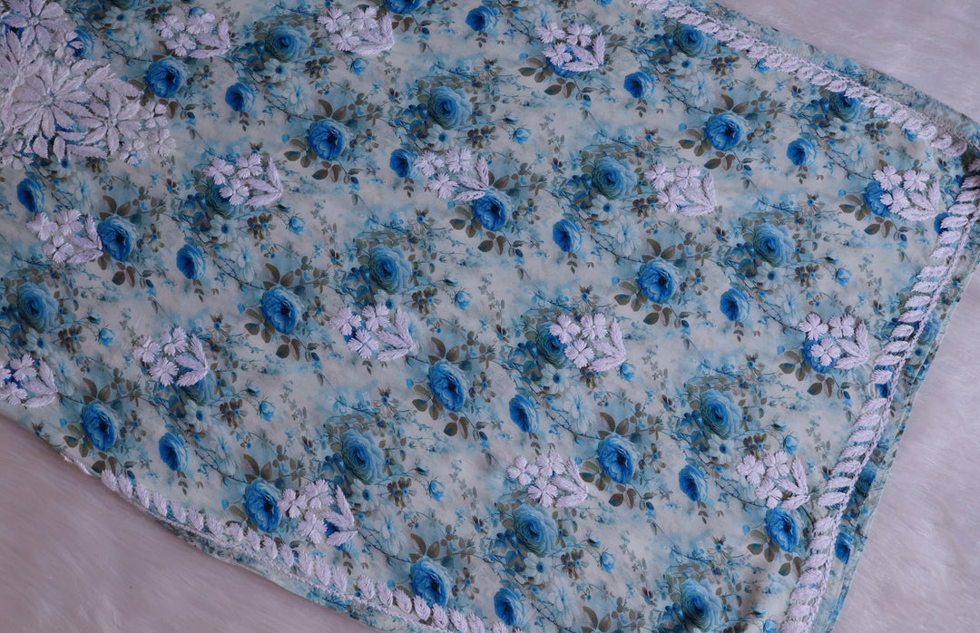 Gulbahaar Ice Blue Floral Long Rayon kurta