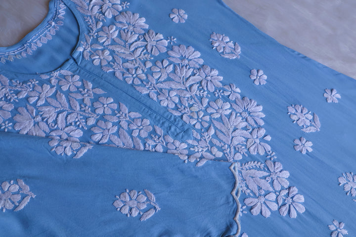 Maisha Ice Blue Scalloped Long Rayon Kurta