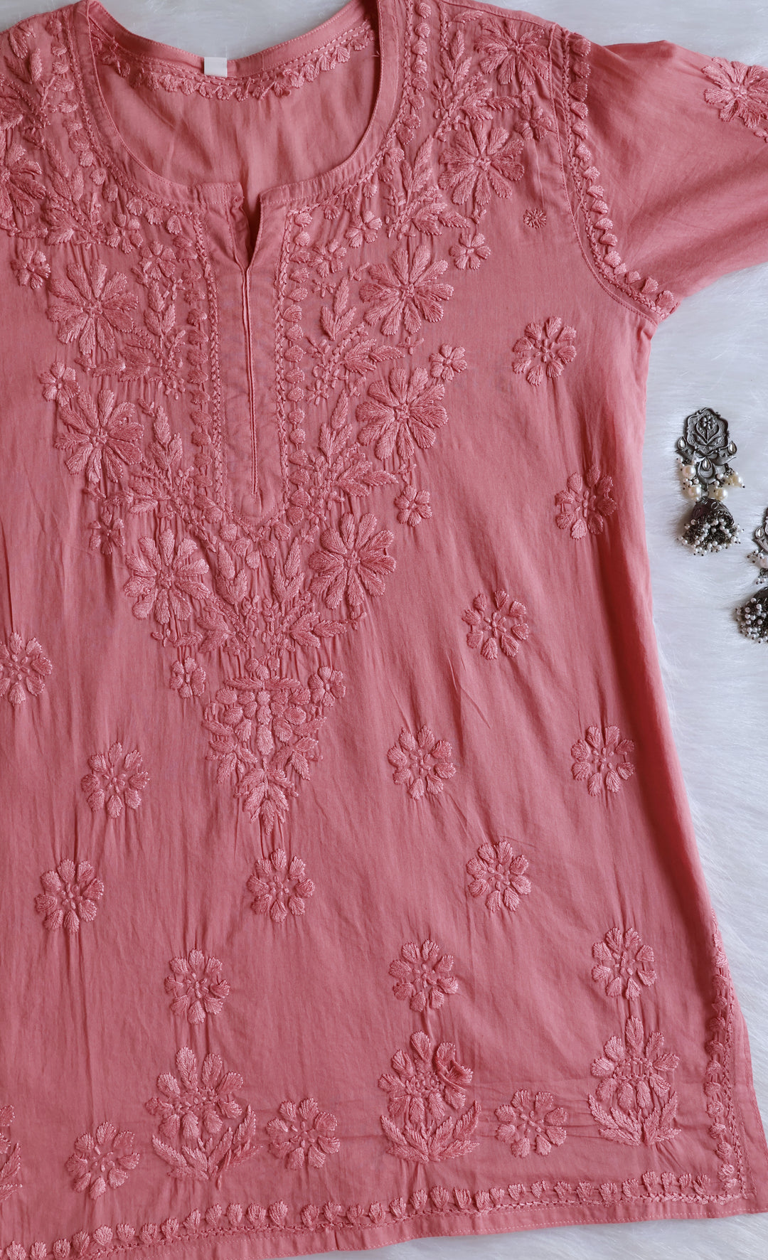 Nazakat Rose Brown Cotton short kurta - Noor Chikankari