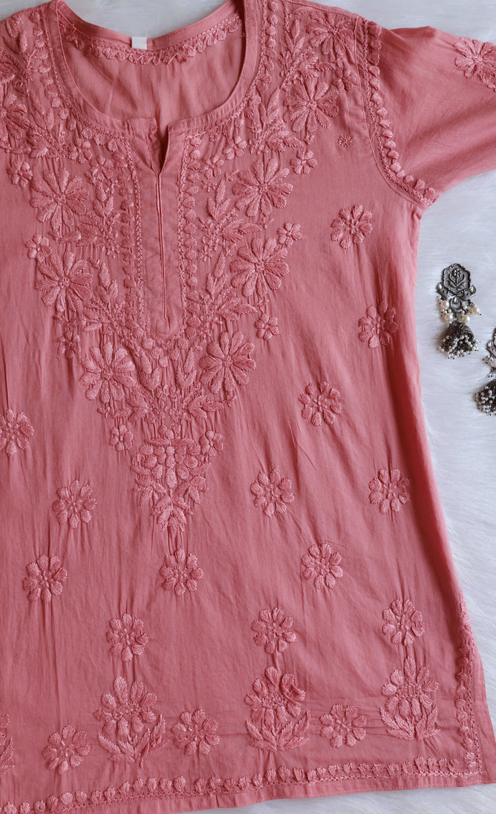 Nazakat Rose Brown Cotton short kurta - Noor Chikankari