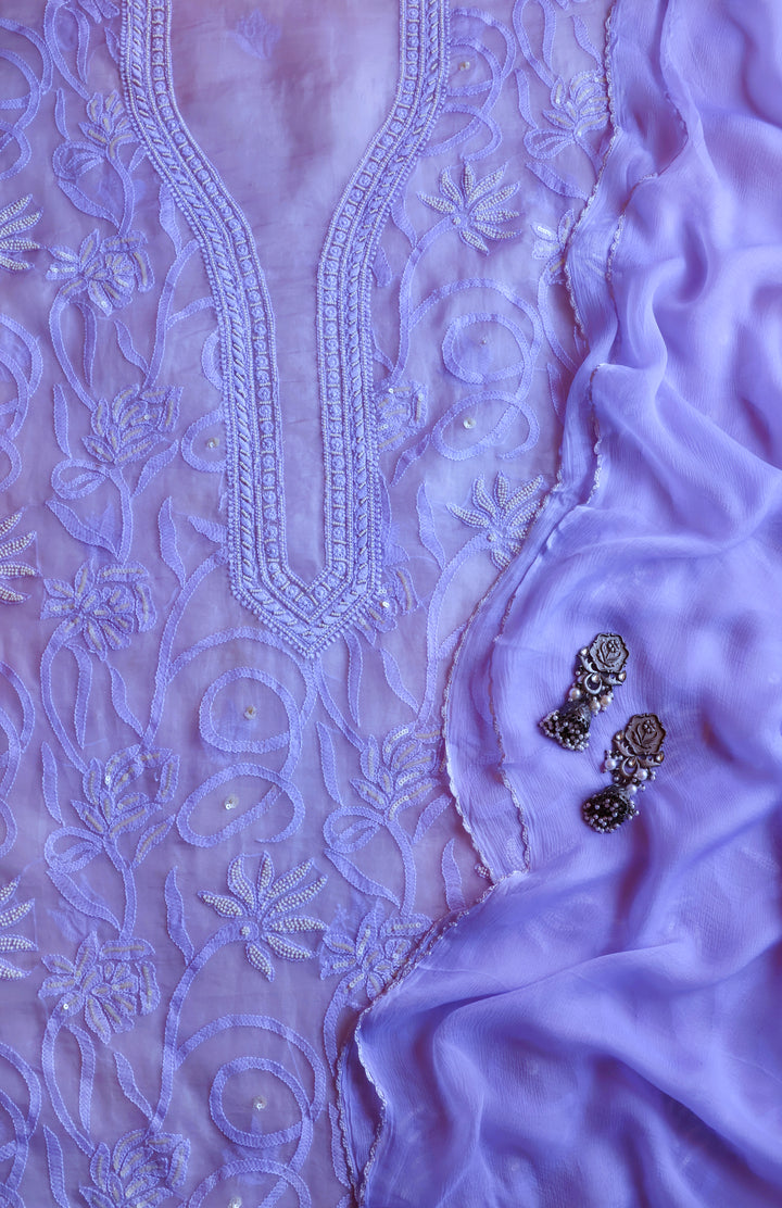 Lavender Pure Organza Silk Unstitched Kurta with dupatta