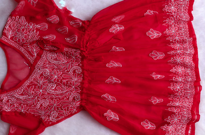 Red & White Georgette Angrakha frock