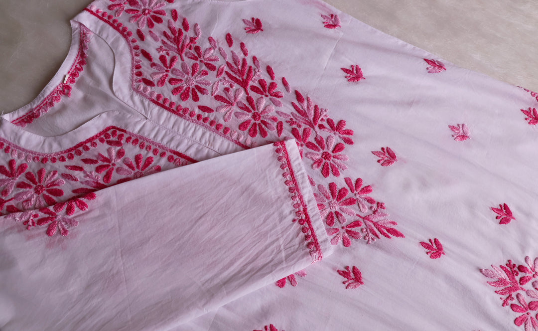 Gul Kashmiri White & Pink Pure Cotton Kurta