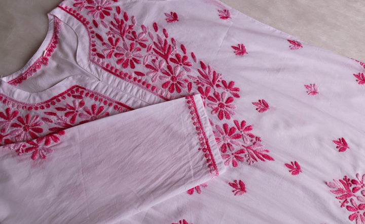 Gul Kashmiri White & Pink Pure Cotton Kurta