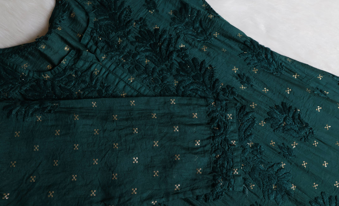 Nazakat Deep Green Premium Long Chanderi Kurta