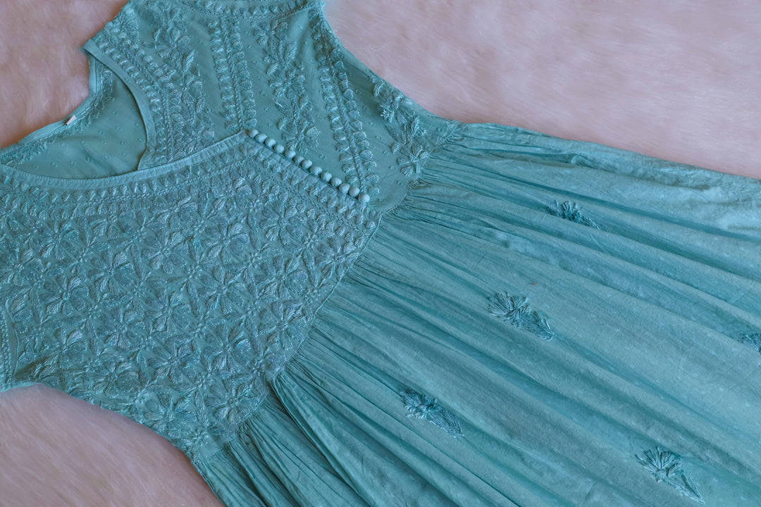 Nazakat Sage Green Pure Cotton Angarakha Dress - Noor Chikankari