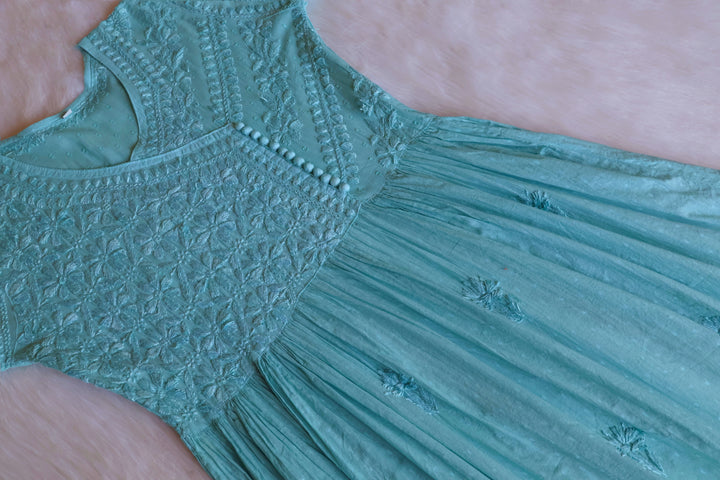 Nazakat Sage Green Pure Cotton Angarakha Dress - Noor Chikankari