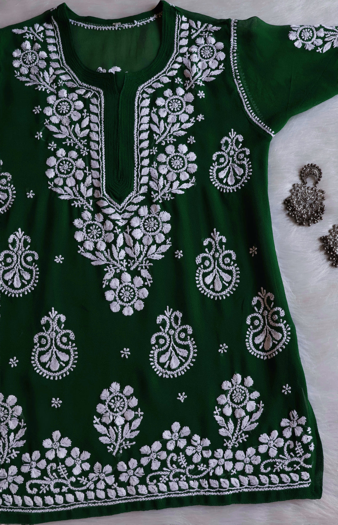 Zaira Deep Green & White Short Georgette Kurta - Noor Chikankari