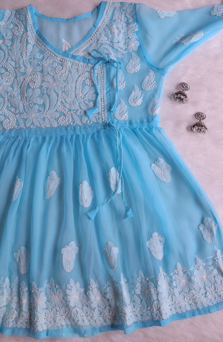 Sky Blue & White Georgette Angrakha frock