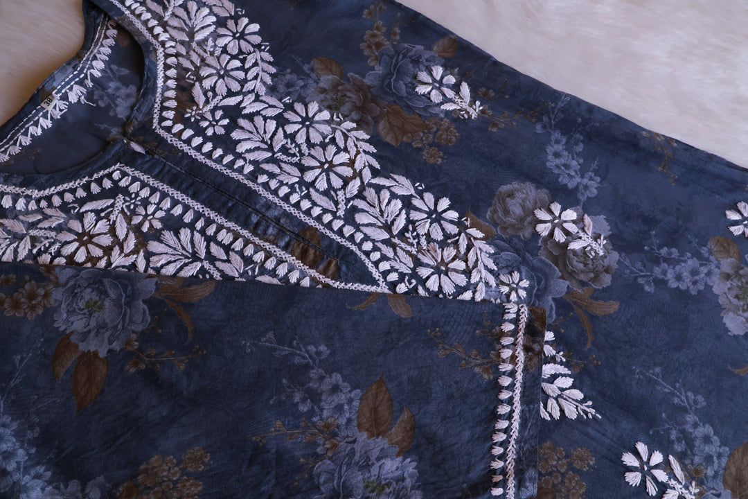Dahlia Navy Blue Floral Long MulMul kurta - Noor Chikankari