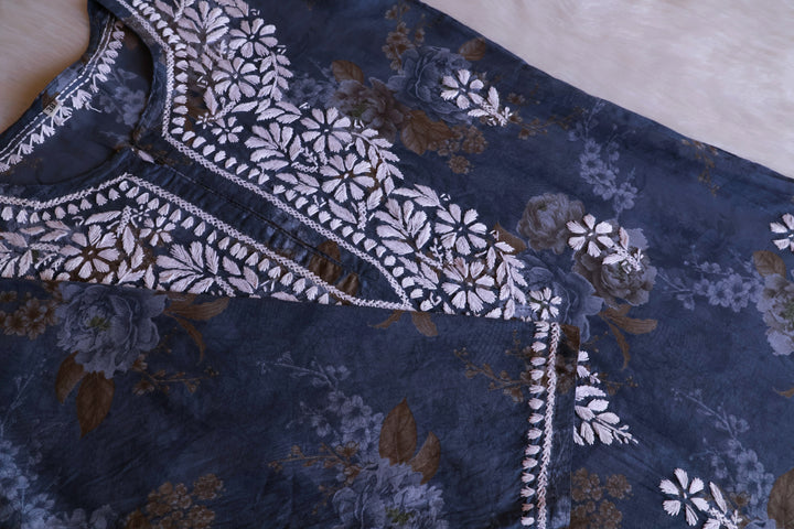 Dahlia Navy Blue Floral Long MulMul kurta - Noor Chikankari