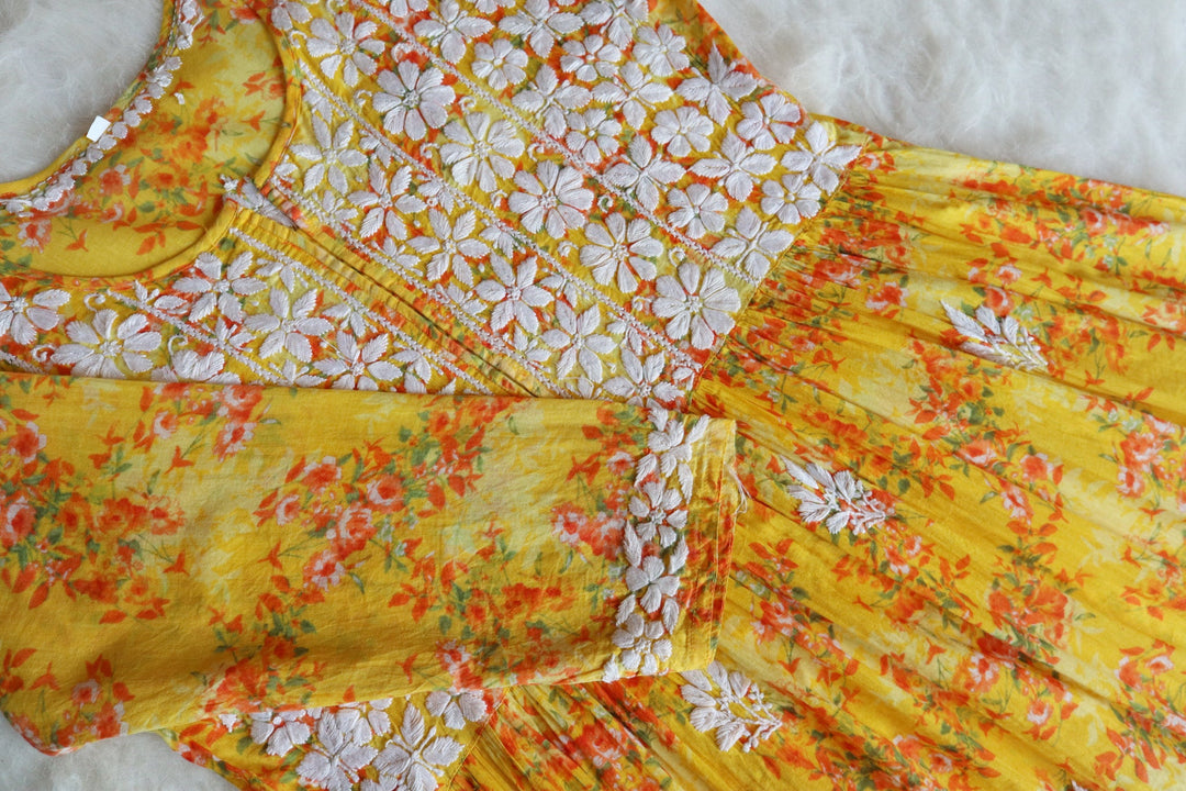 Meera Yellow Floral Mulmul Fit & flare Dress