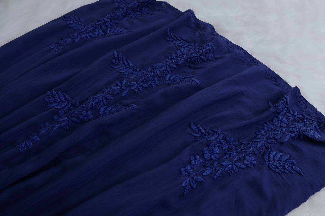 Aafiyat Pure Muslin Royal Blue Chikankari Fit and Flare dress