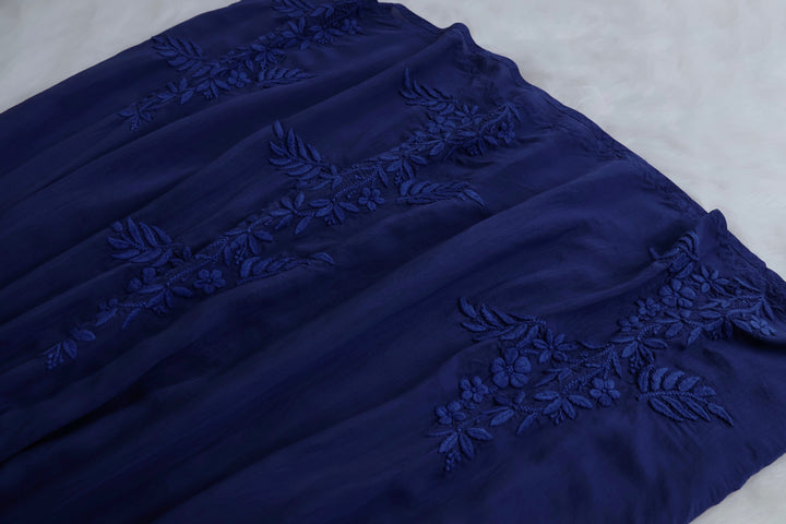Aafiyat Pure Muslin Royal Blue Chikankari Fit and Flare dress