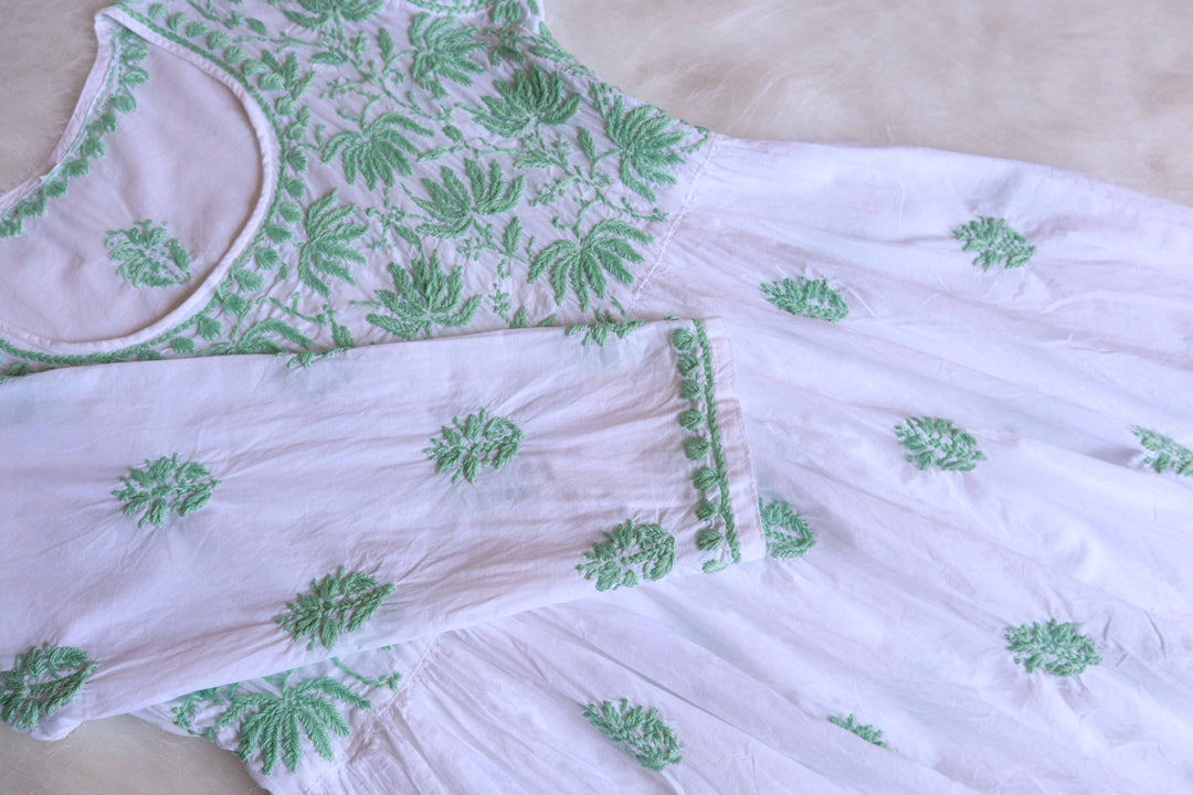 Nazakat White & Green short Frock