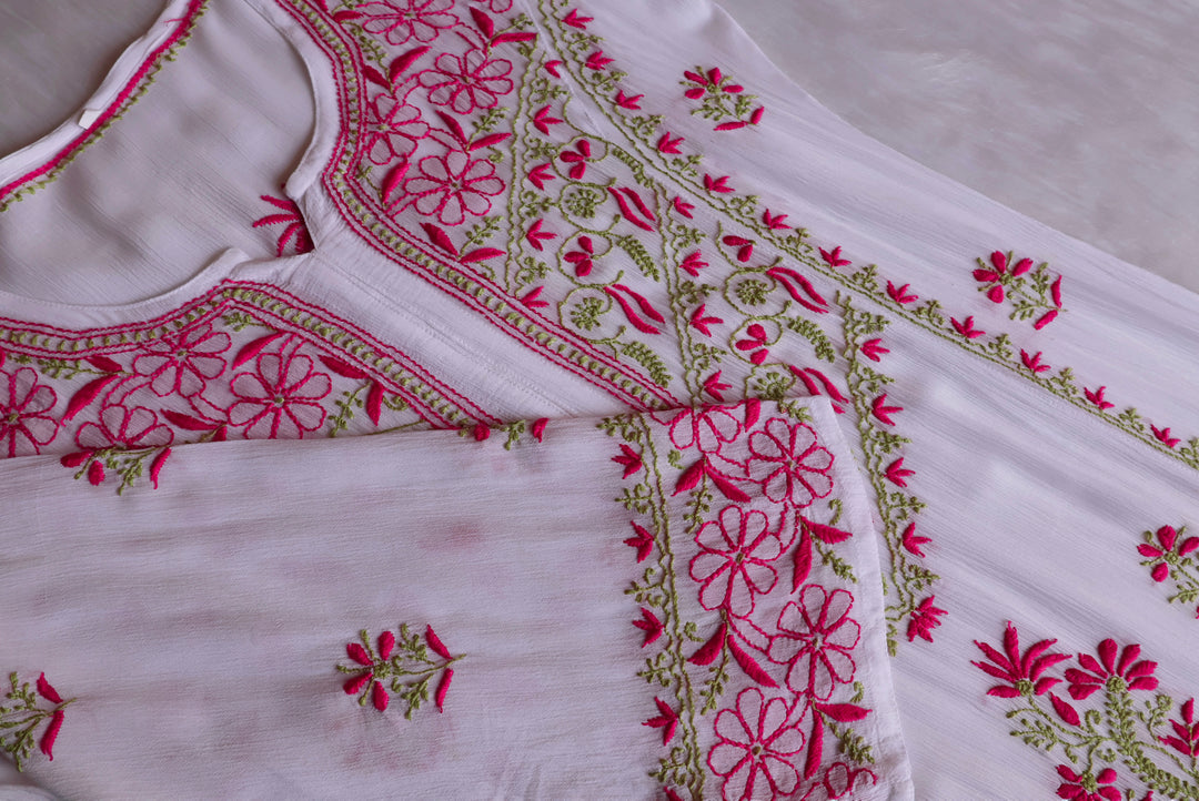 Hoorain White, Pink & Green Pure Chiffon Kurta