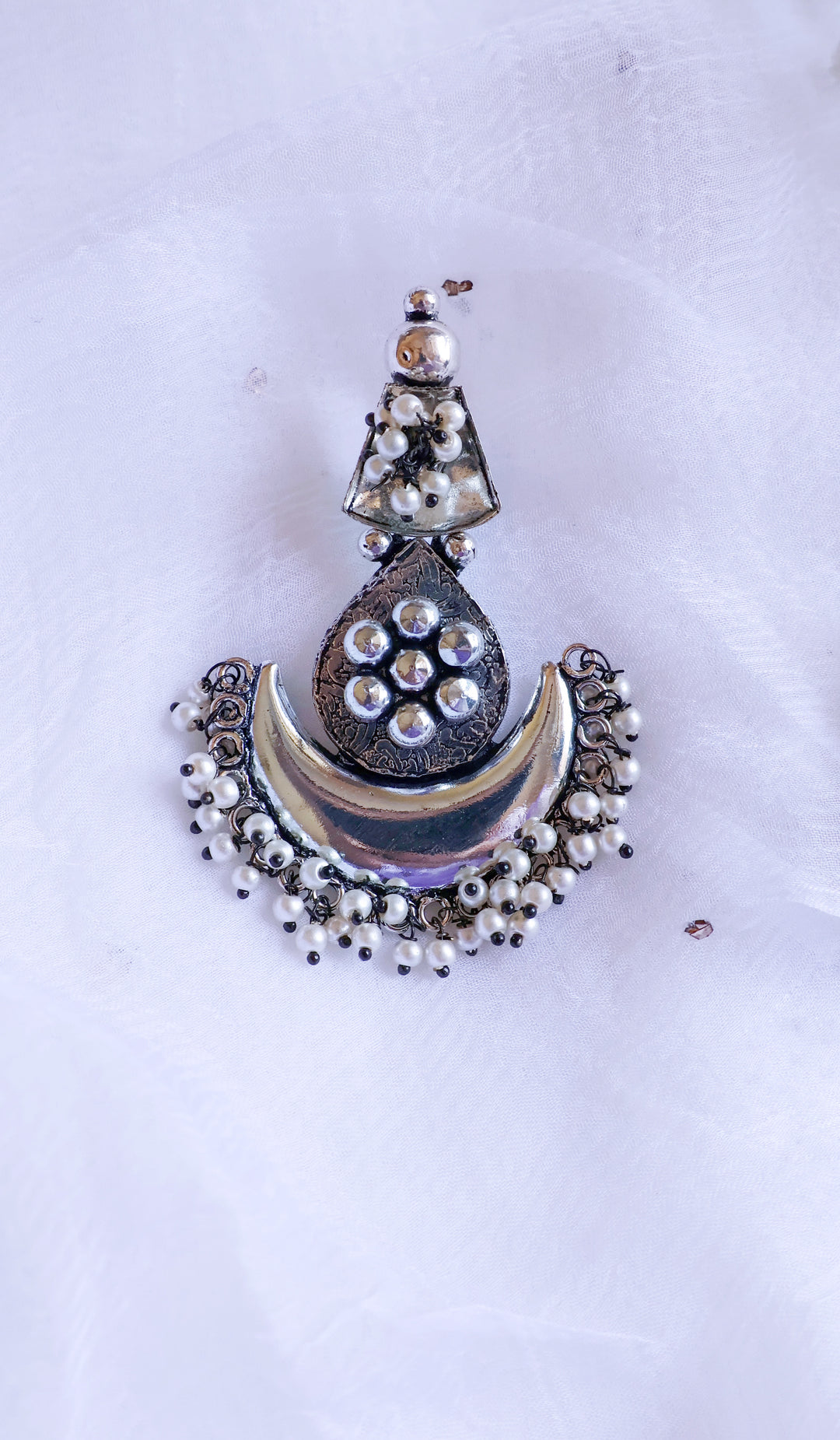 Silver Look-alike Pearl Long oxidised earrings