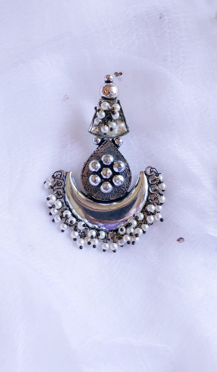 Silver Look-alike Pearl Long oxidised earrings