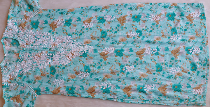 Hedaya Mint Blue Floral Long MulMul kurta