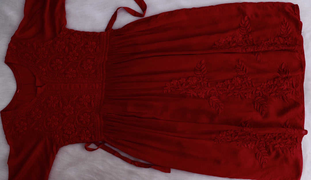 Aafiyat Pure Muslin Maroon Chikankari Fit and Flare dress