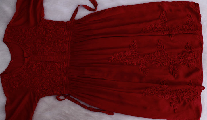 Aafiyat Pure Muslin Maroon Chikankari Fit and Flare dress