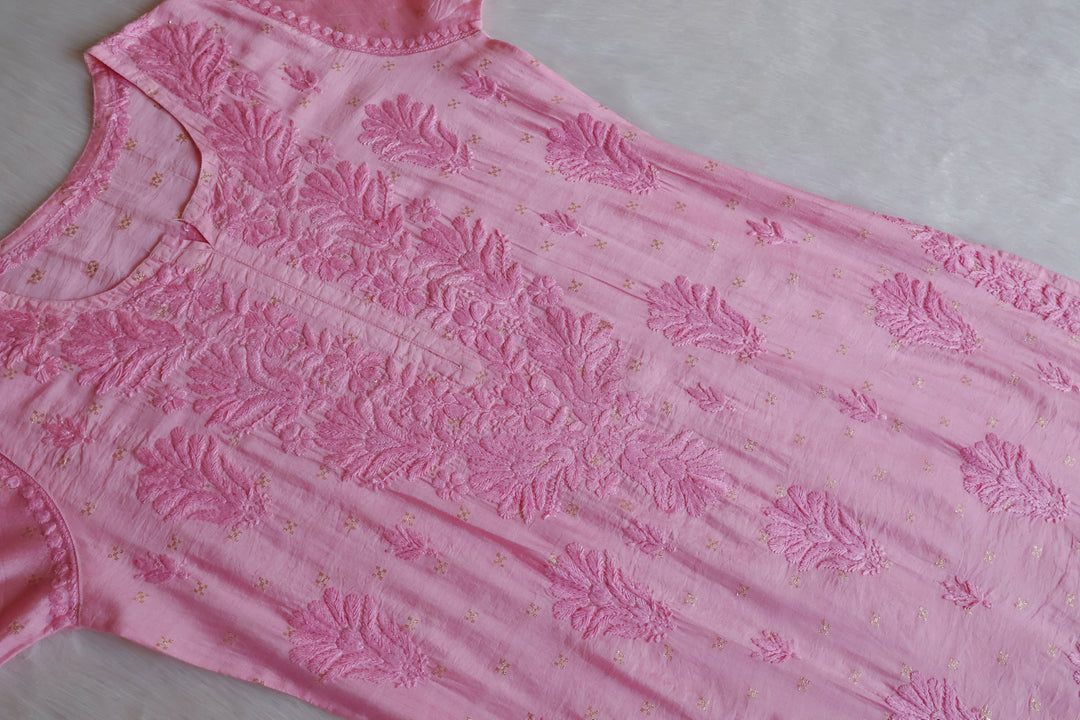 Nazakat Baby Pink Premium Long Chanderi Kurta