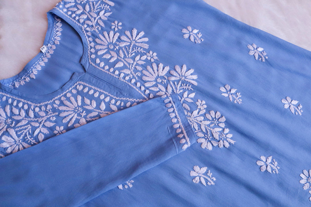 Aayat Ice Blue Short Rayon Kurta - Noor Chikankari
