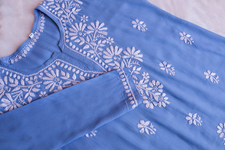 Aayat Ice Blue Short Rayon Kurta - Noor Chikankari