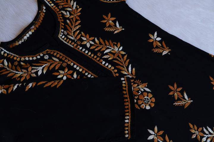 Maaham Black & Golden Beige Short Rayon Kurta - Noor Chikankari