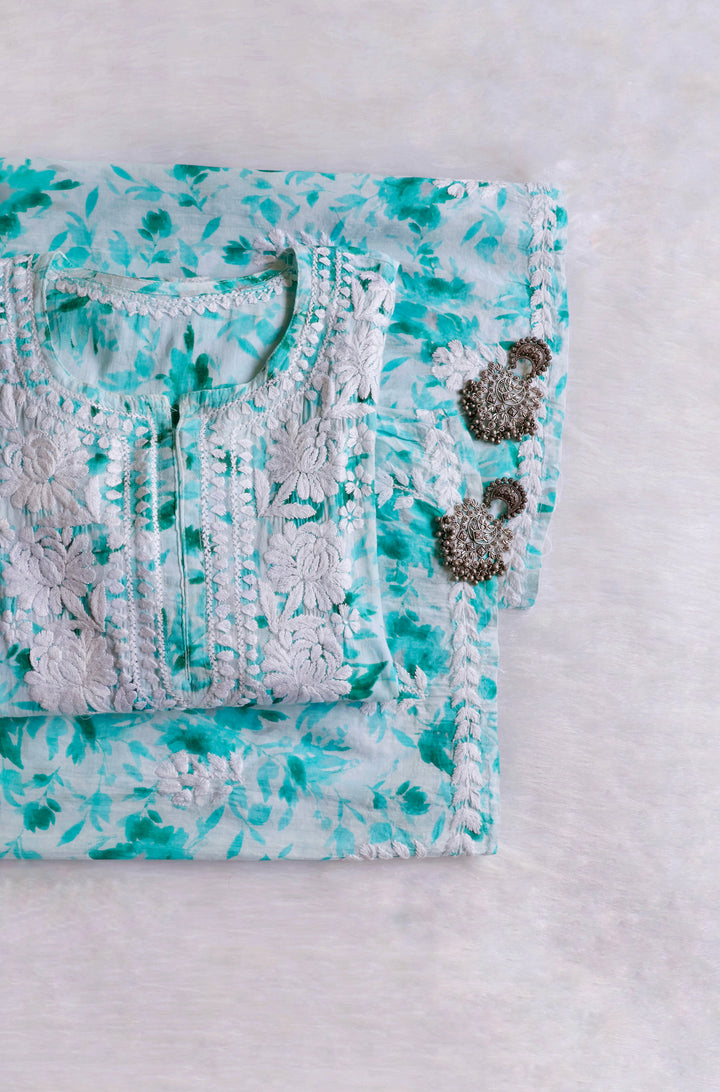 Abhira Mint Green Pure Mulmul set - Noor Chikankari